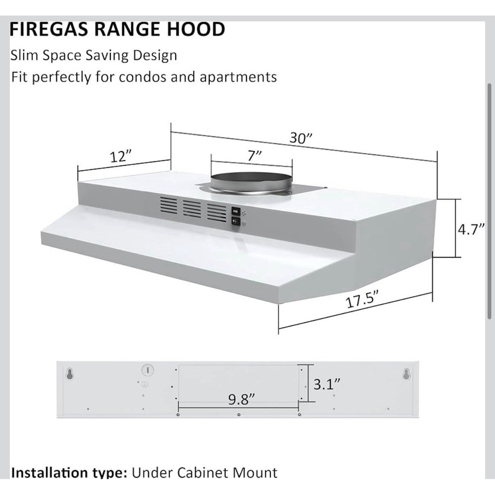 FIREGAS range hood 30 inch under cabinet, white range hood, kitchen hood